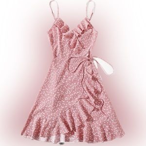 SHEIN VCAY Allover Heart Print Ruffle Detail Wrap Cami Dress